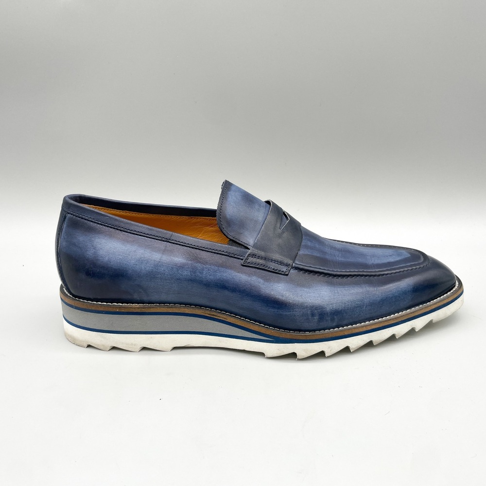 Jose Real Mens 45 Platform Penny Loafer Shoes Blue Burnished Leather Classic